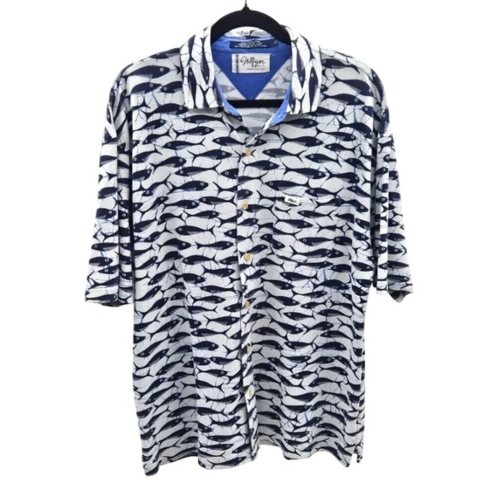 Tommy Hilfiger Surf Co Fish Print Button Down Shirt Mens Large Navy White Cotton